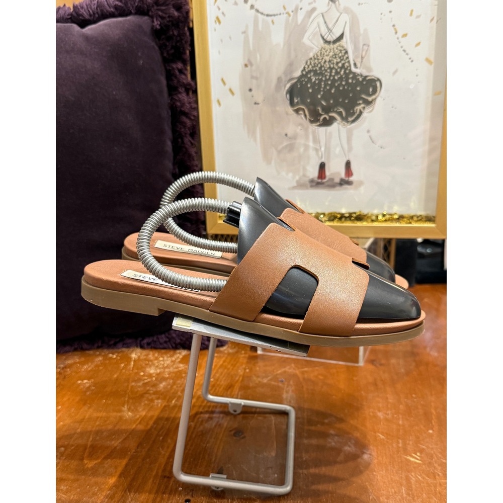 Steve Madden Harriet Cognac Brown Leather H-Band Slide Flat Sandals Womens 7M